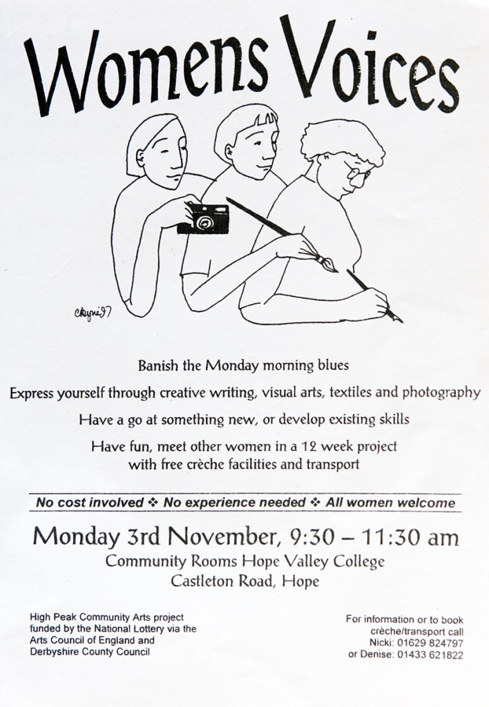 A poster entitled "Women's Voices". A line art graphic at the top of 3 women stood in a line, the one on the left has a camera, the middle woman has a paint brush and the woman on the right has a fountain pen.