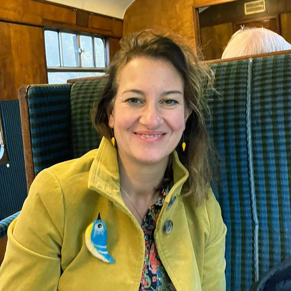 A lady sat on a train. She is wearing a green jacket with a needle-felted bird attached to it. She has yellow teardrop-shaped earrings.