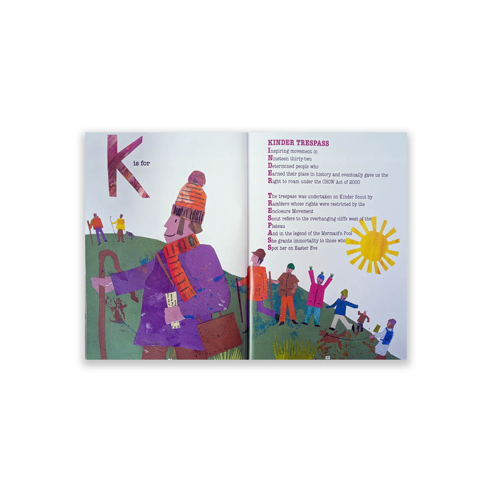 Colourful book showing kinder trespass illustration, it shows a person in a purple coat with an orange scarf and bobble hat. Behind them is a line of people also walking up Kinder Scout including a person walking their dog.