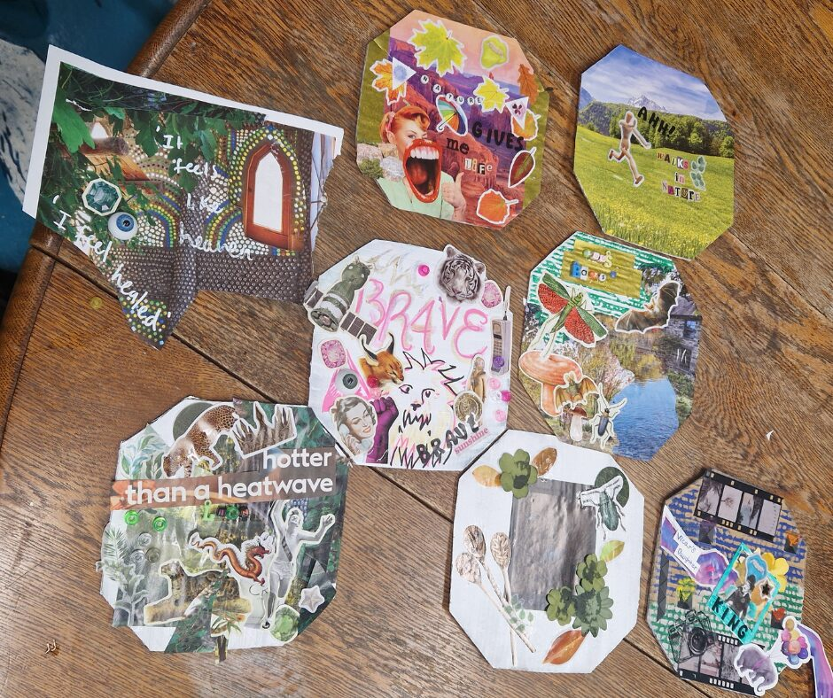 A table with collages on octagon shapes with positive messages.